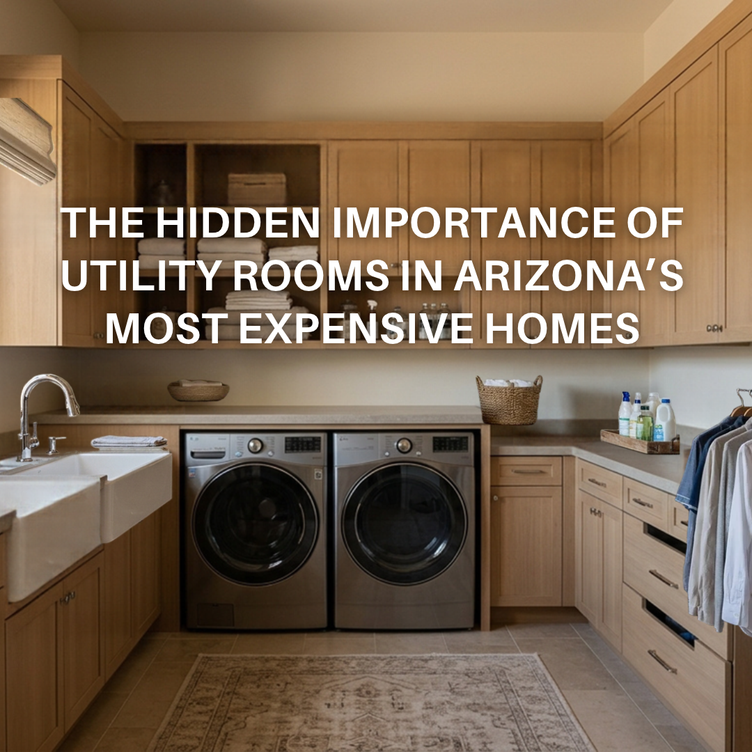 Elegant Arizona luxury home utility room featuring custom cabinetry, premium laundry appliances, organized storage, utility sink, and refined functional design illustrating the hidden importance of utility spaces in high-end homes overlaid with text: The Hidden Importance of Utility Rooms in Arizona’s Most Expensive Homes 