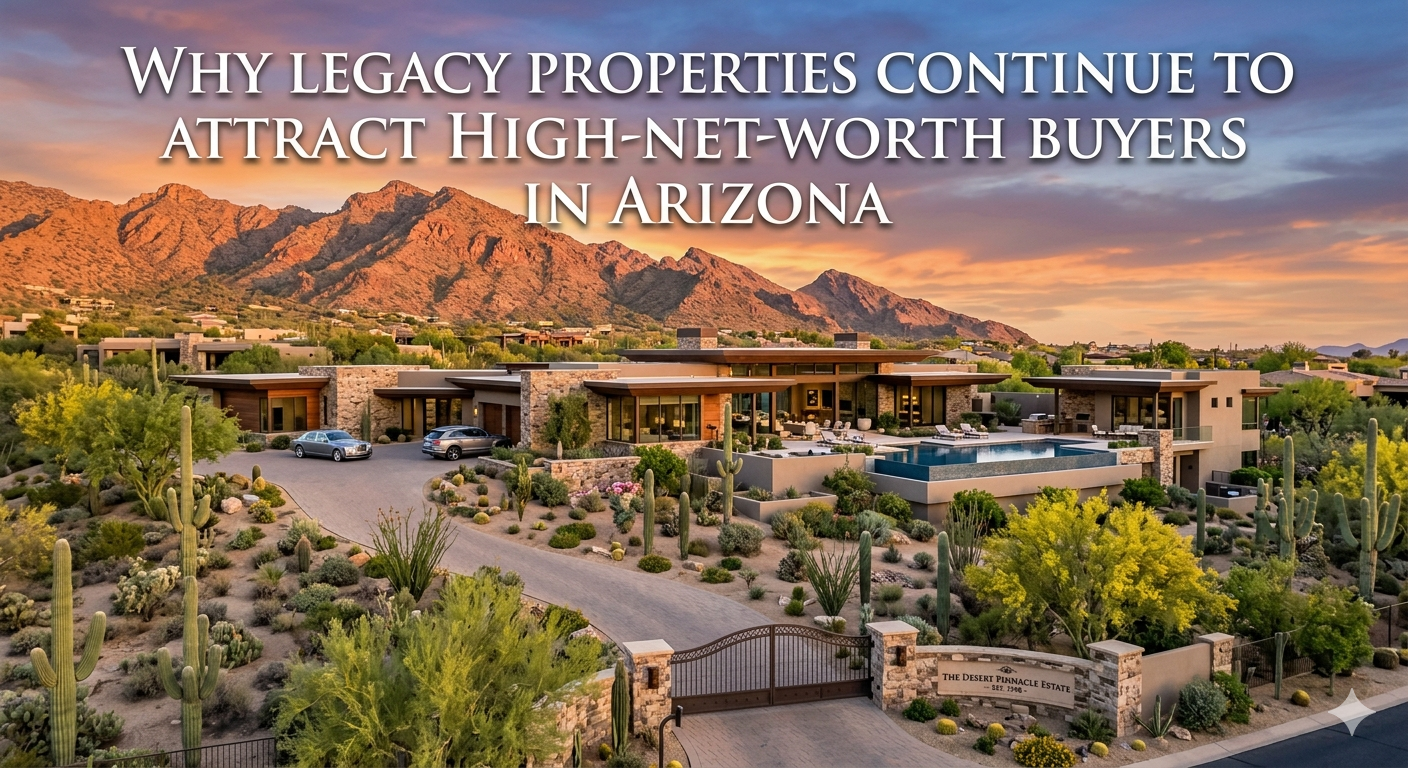 Expansive Arizona legacy estate with custom luxury architecture, desert landscaping, mountain views, and private gated entry, symbolizing generational wealth and long-term property ownership, overlaid with the text: “Why Legacy Properties Continue to Attract High-Net-Worth Buyers in Arizona” 