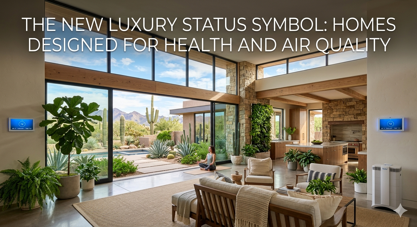 Modern Arizona luxury home featuring expansive windows, abundant natural light, indoor greenery, advanced air purification systems, and wellness-focused design elements, overlaid with the text: “The New Luxury Status Symbol: Homes Designed for Health and Air Quality”