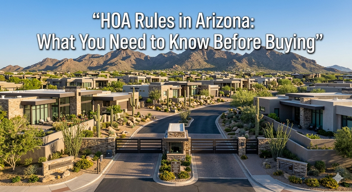  Gated luxury Scottsdale community with desert landscaping, modern homes, and mountain backdrop, representing HOA-governed neighborhood living in Arizona, overlaid with the text: “HOA Rules in Arizona: What You Need to Know Before Buying”