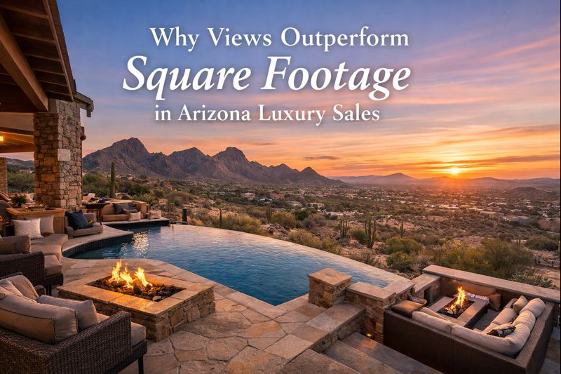 Arizona luxury home showcasing expansive desert or mountain views that drive buyer appeal overlaid with text: Why Views Outperform Square Footage in Arizona Luxury Sales