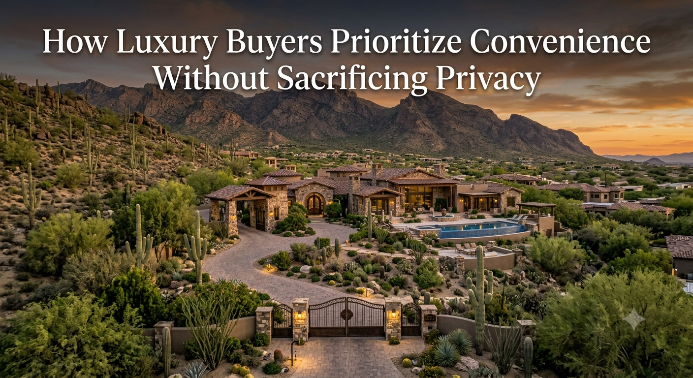 Private Arizona luxury estate surrounded by mature desert landscaping and mountain views, located near upscale amenities with a gated entrance, spacious driveway, and secluded outdoor living area, illustrating how luxury buyers balance convenience with privacy, overlaid with the text: “How Luxury Buyers Prioritize Convenience Without Sacrificing Privacy” 