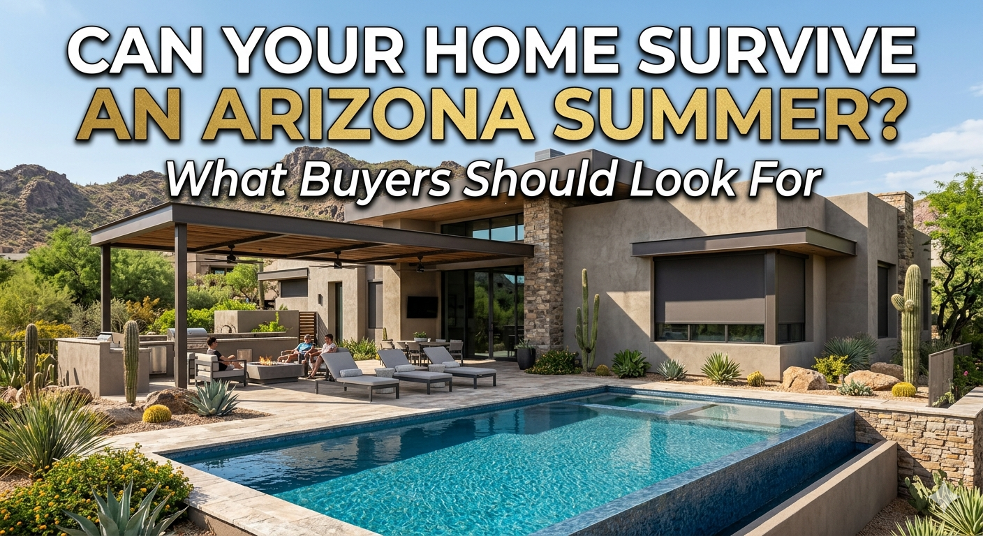 Luxury Scottsdale desert home with shaded outdoor patio, pool, and modern architecture designed for extreme heat, overlaid with the text: “Can Your Home Survive an Arizona Summer? What Buyers Should Look For”