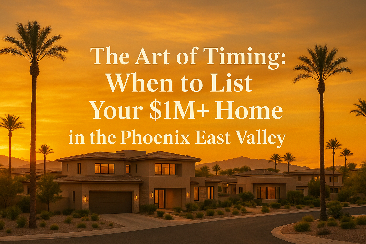 Elegant desert neighborhood at sunset featuring modern luxury homes, palm trees, and a warm golden sky, overlaid with the text: The Art of Timing: When to List Your $1M+ Home in the Phoenix East Valley