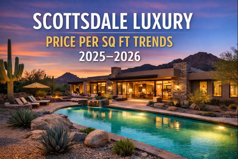 Scottsdale luxury home with desert landscaping and pool, overlaid with the text: “SCOTTSDALE LUXURY PRICE PER SQ FT TRENDS 2025–2026”
