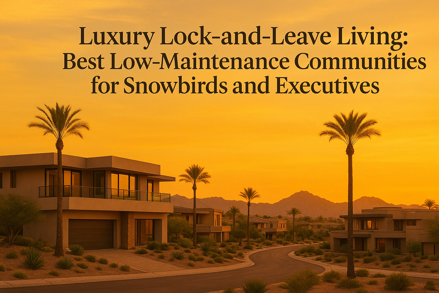 Elegant desert neighborhood at sunset featuring modern luxury homes, palm trees, and a warm golden sky, overlaid with the text: Luxury Lock-and-Leave Living: Best Low-Maintenance Communities for Snowbirds and Executives