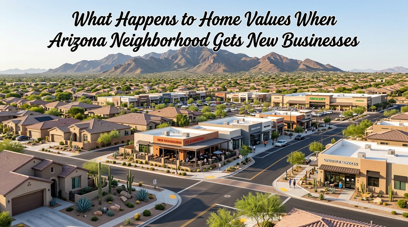 Arizona suburban neighborhood surrounded by new restaurants, retail shops, grocery stores, and lifestyle businesses with desert landscaping and mountains in the background, illustrating how commercial growth can influence neighborhood appeal and residential home values with text: What Happens to Home Values When Arizona Neighborhood Gets New Businesses 