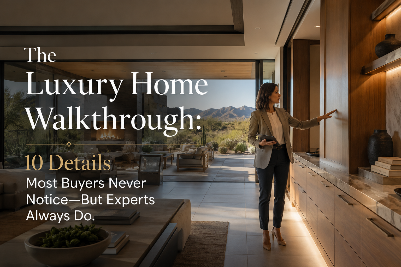 Luxury real estate professional touring a modern Arizona estate, examining custom millwork, expansive windows, premium finishes, indoor-outdoor living spaces, and architectural details with mountain views in the background, illustrating the subtle features experts notice during a luxury home walkthrough, overlaid with the text: “The Luxury Home Walkthrough: 10 Details Most Buyers Never Notice—But Experts Always Do.”