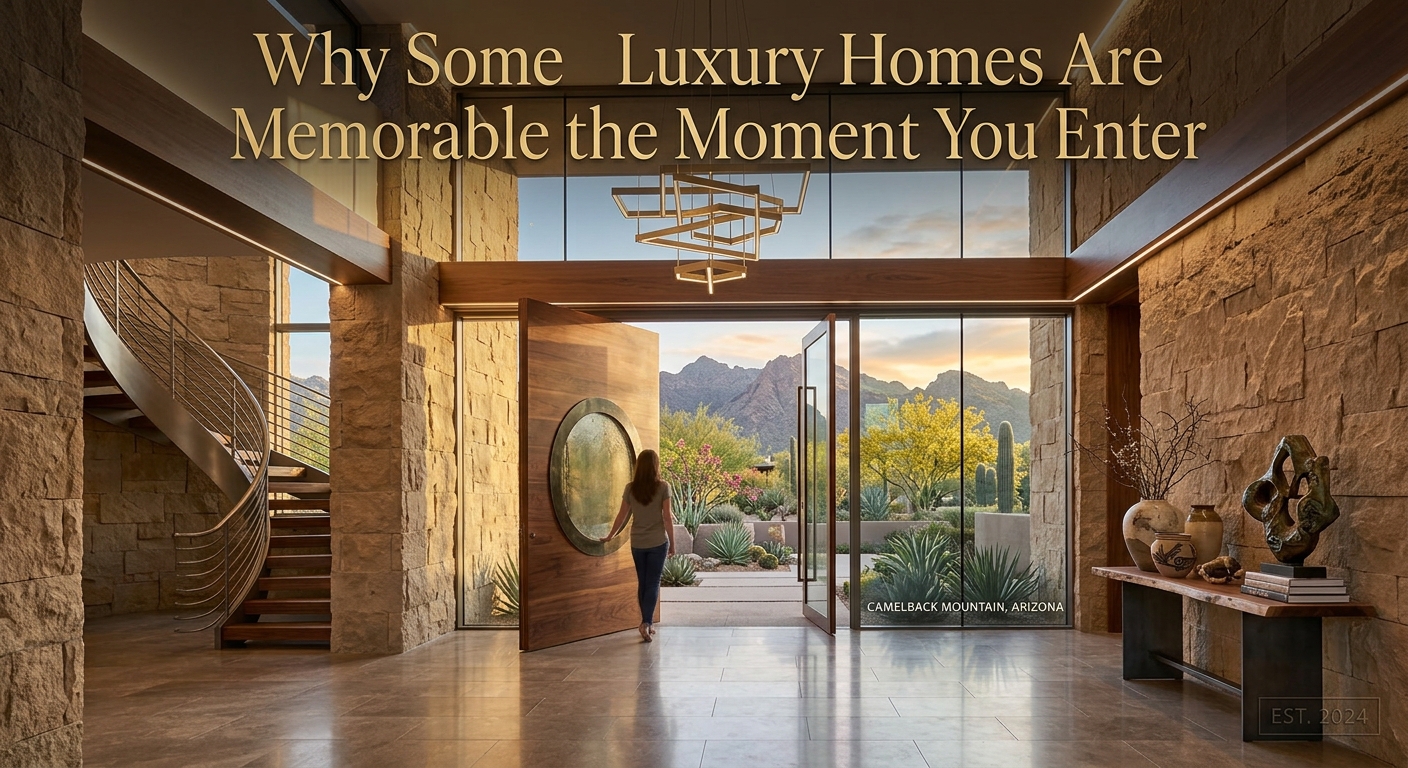 Elegant Arizona luxury home entryway featuring soaring ceilings, natural stone, warm wood, floor-to-ceiling glass, sophisticated lighting, desert landscaping, and a framed mountain view, illustrating what makes some luxury homes memorable the moment buyers enter with text: Why Some Luxury Homes Are Memorable the Moment You Enter 