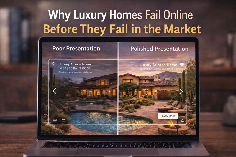 Arizona luxury home listing shown on a laptop screen with poor vs. polished presentation contrast overlaid text in Why Luxury Homes Fail Online Before They Fail in the Market