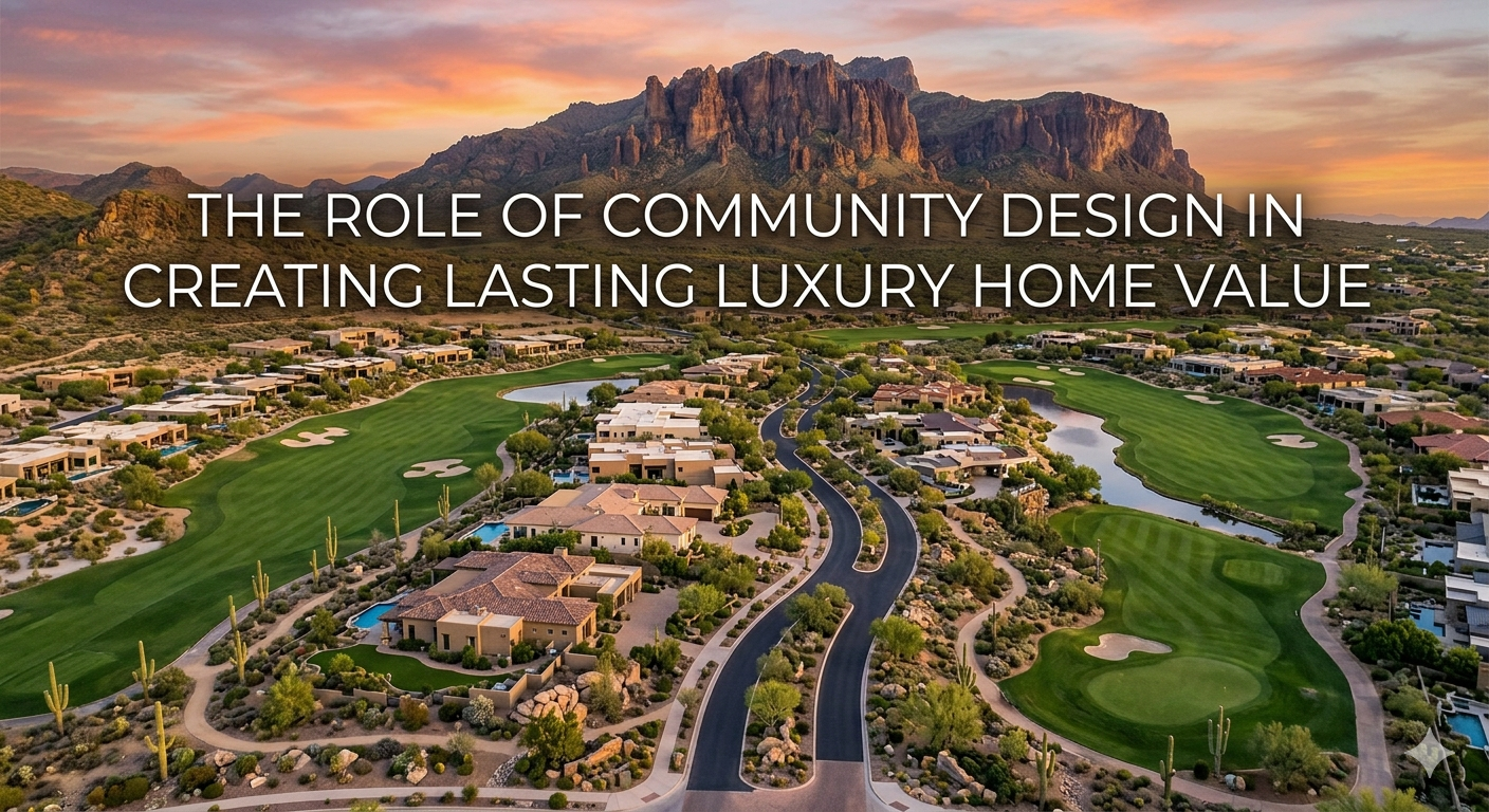 Aerial view of a luxury master-planned Arizona community with desert landscaping, custom estates, golf course integration, walking paths, and mountain backdrop, symbolizing the role of community design in long-term luxury home value, overlaid with the text: “The Role of Community Design in Creating Lasting Luxury Home Value” 