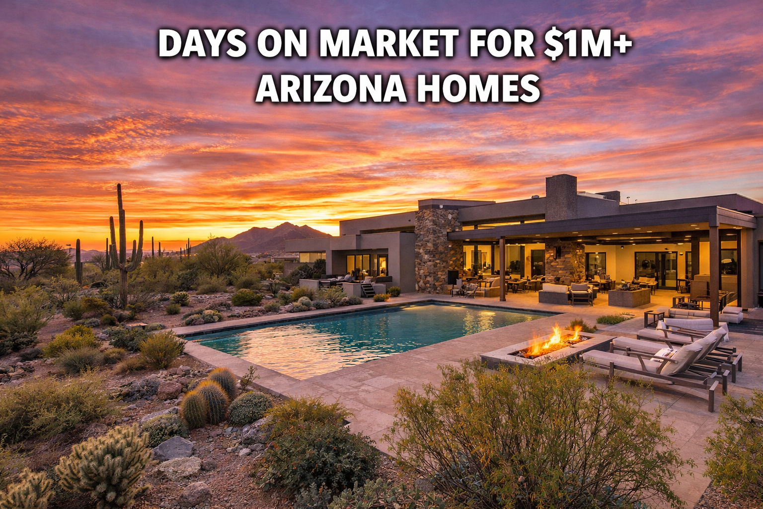 Arizona luxury home with modern architecture and desert landscaping at sunset, overlaid with the text: “DAYS ON MARKET FOR $1M+ ARIZONA HOMES”