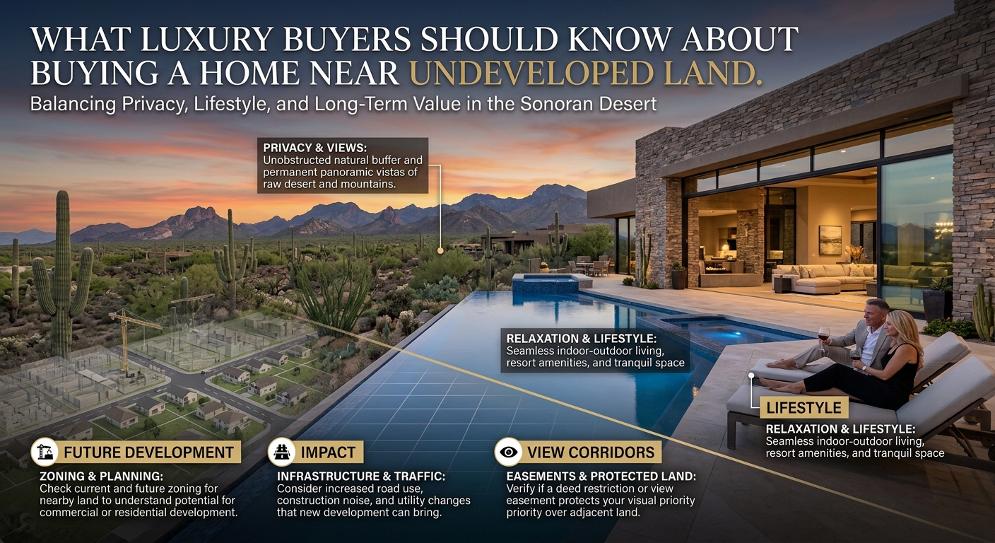 Arizona luxury home overlooking undeveloped Sonoran Desert land with expansive mountain views, natural desert landscaping, mature cacti, and an upscale outdoor living area, illustrating the privacy, views, future development considerations, and lifestyle factors luxury buyers should evaluate when purchasing near undeveloped land with overlaid text: What Luxury Buyers Should Know About Buying a Home Near Undeveloped Land 