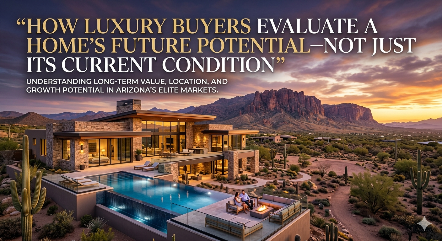  Luxury Arizona home overlooking desert landscape and mountain views at sunset, featuring modern architecture and expansive lot, symbolizing long-term potential and future value evaluation in luxury real estate, overlaid with the text: “How Luxury Buyers Evaluate a Home’s Future Potential—Not Just Its Current Condition” 