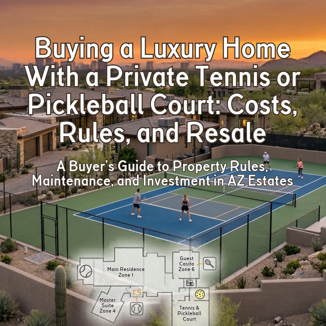 Arizona luxury estate featuring a private outdoor tennis court with professional court surfacing, perimeter fencing, landscaped surroundings, and a modern residence in the background, illustrating considerations for buyers evaluating private tennis and pickleball courts overlaid with Buying a Luxury Home With a Private Tennis or Pickleball Court: Costs, Rules, and Resale 