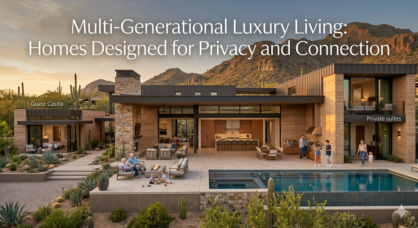 Modern Arizona luxury estate designed for multi-generational living with separate guest casita, spacious indoor-outdoor gathering areas, and private family suites, overlaid with the text: “Multi-Generational Luxury Living: Homes Designed for Privacy and Connection”