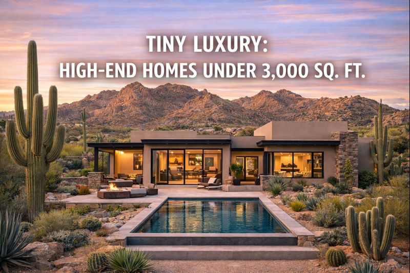 Modern Arizona luxury home with clean lines and desert landscaping, overlaid with the text: “TINY LUXURY: HIGH-END HOMES UNDER 3,000 SQ. FT.”