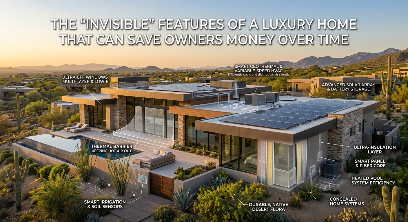  Elegant Arizona luxury home with subtle energy-efficient windows, modern HVAC infrastructure, smart irrigation, solar panels, durable landscaping, and concealed home systems, illustrating the invisible features that can help reduce long-term ownership and maintenance costs overlaid with title: The “Invisible” Features of a Luxury Home That Can Save Owners Money Over Time 