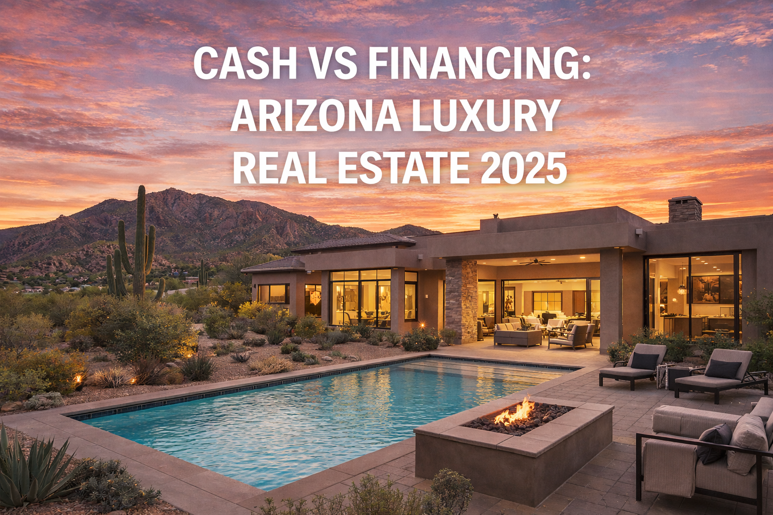 Luxury Scottsdale home with pool and desert landscaping, overlaid with the text: “CASH VS FINANCING: ARIZONA LUXURY REAL ESTATE 2025”