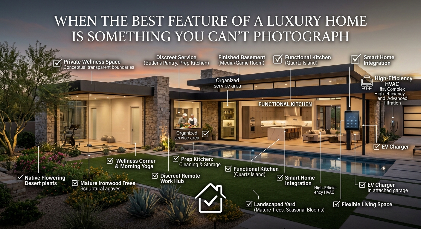 Elegant Scottsdale Arizona luxury home at sunset with expansive windows, private landscaping, outdoor living space, and mountain views overlaid with text: When the Best Feature of a Luxury Home Is Something You Can't Photograph