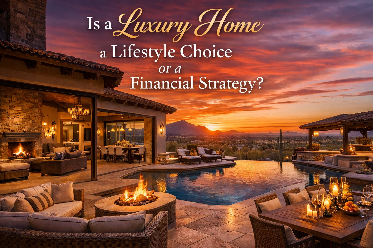Arizona luxury estate with elegant indoor-outdoor living spaces and sunset views with Overlay Text:  Is a Luxury Home a Lifestyle Choice or a Financial Strategy?