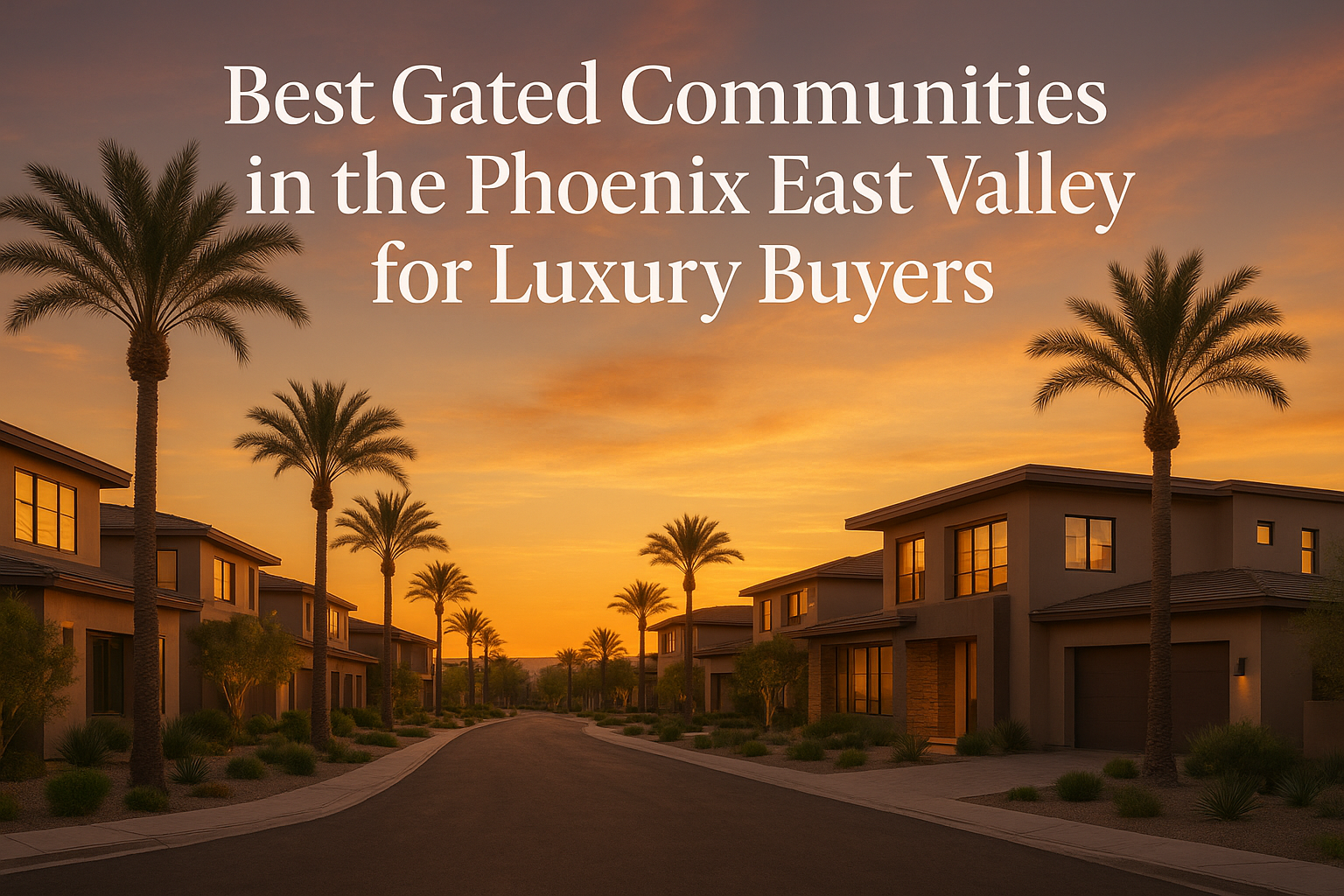 Elegant desert neighborhood at sunset with modern luxury homes and tall palm trees under a warm golden sky, overlaid with white text reading “Best Gated Communities in the Phoenix East Valley for Luxury Buyers.”