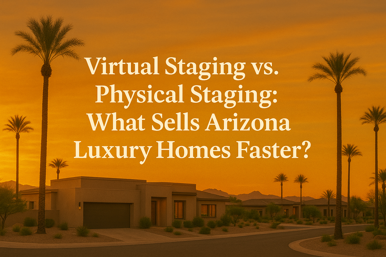 Elegant desert neighborhood at sunset featuring modern luxury homes, palm trees, and a warm golden sky, overlaid with the text: Virtual Staging vs. Physical Staging: What Sells Arizona Luxury Homes Faster?