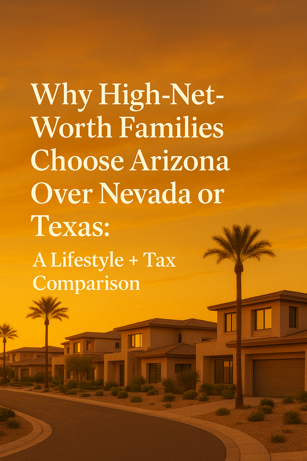 Elegant desert neighborhood at sunset featuring modern luxury homes, palm trees, and a warm golden sky, overlaid with the text and kindly do just copy all the text: Why High-Net-Worth Families Choose Arizona Over Nevada or Texas: A Lifestyle + Tax Comparison
