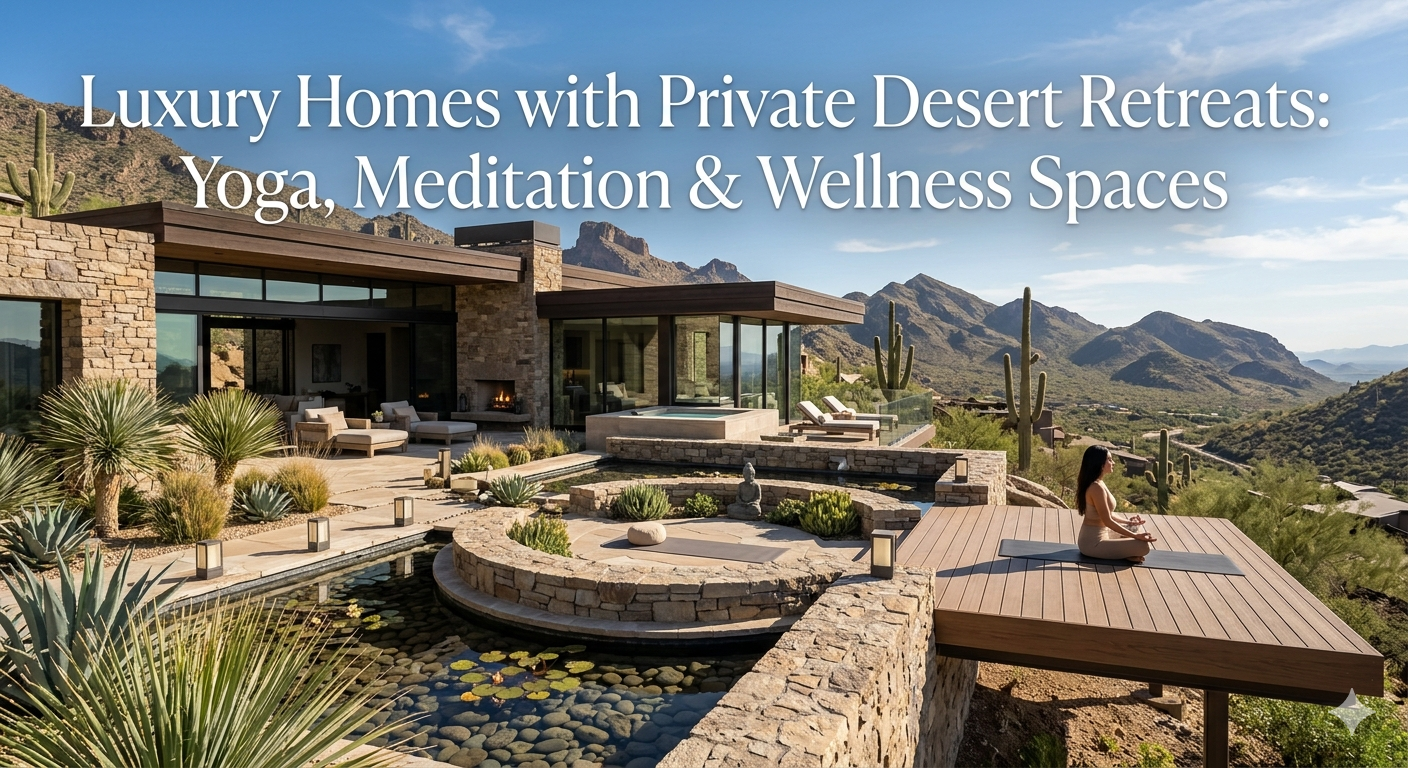 Luxury Arizona desert home featuring a private outdoor meditation courtyard, yoga deck overlooking desert mountains, serene water features, and modern spa-inspired design elements, overlaid with the text: “Luxury Homes with Private Desert Retreats: Yoga, Meditation & Wellness Spaces”
