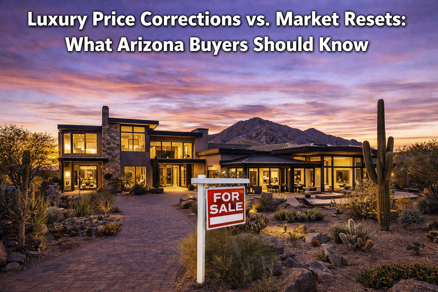 Modern luxury home in Scottsdale with a “For Sale” sign in front, set against desert mountains and a soft evening sky overlaid with the text:Luxury Price Corrections vs. Market Resets: What Arizona Buyers Should Know