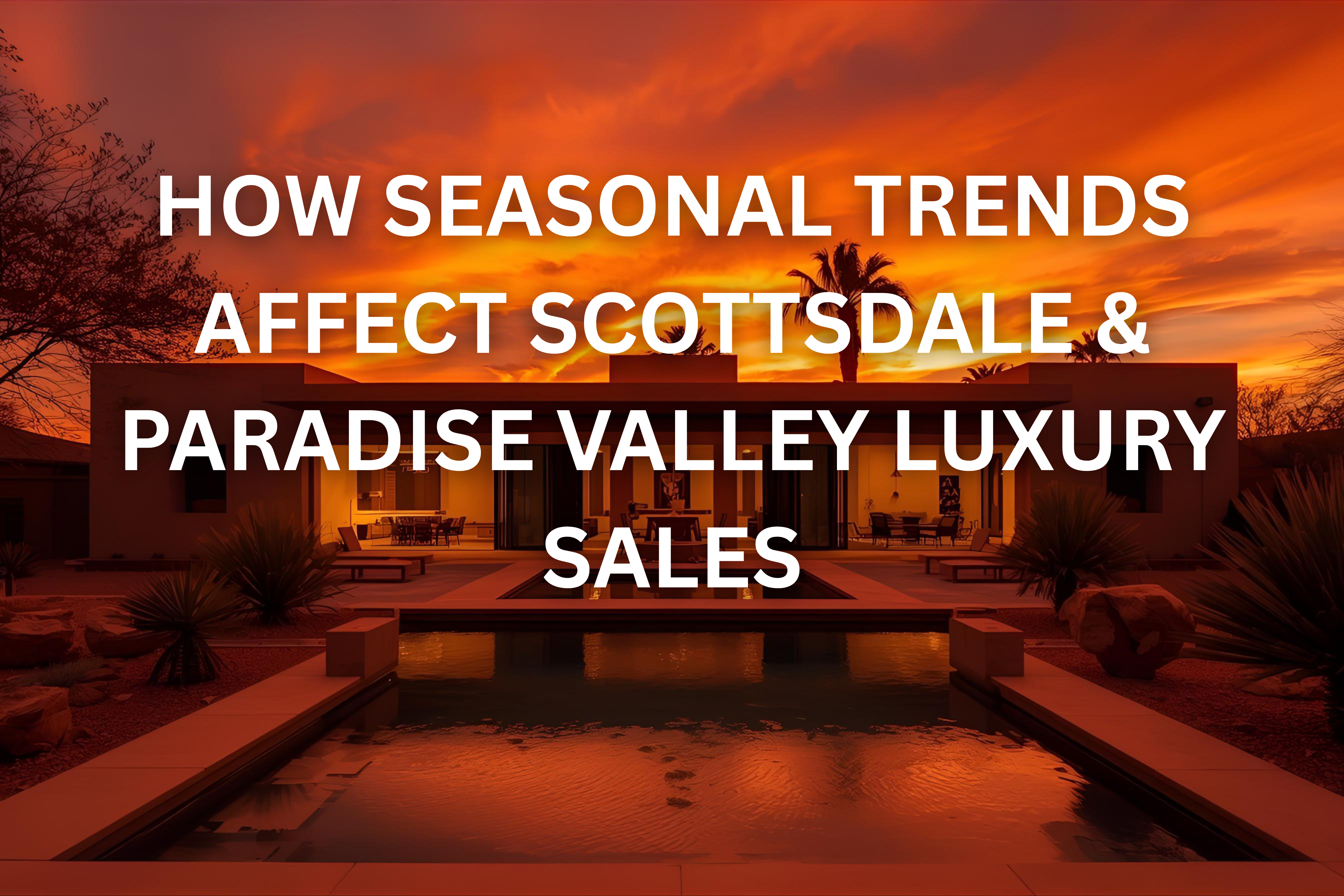 A modern, flat-roofed luxury home in the Arizona desert, dramatically lit by a fiery red and orange sunset. A square, reflecting pool sits in the foreground, with the sunset colors reflecting in the water. The home's interior is visible through large glass doors, and the surrounding area includes desert landscaping and palm trees.