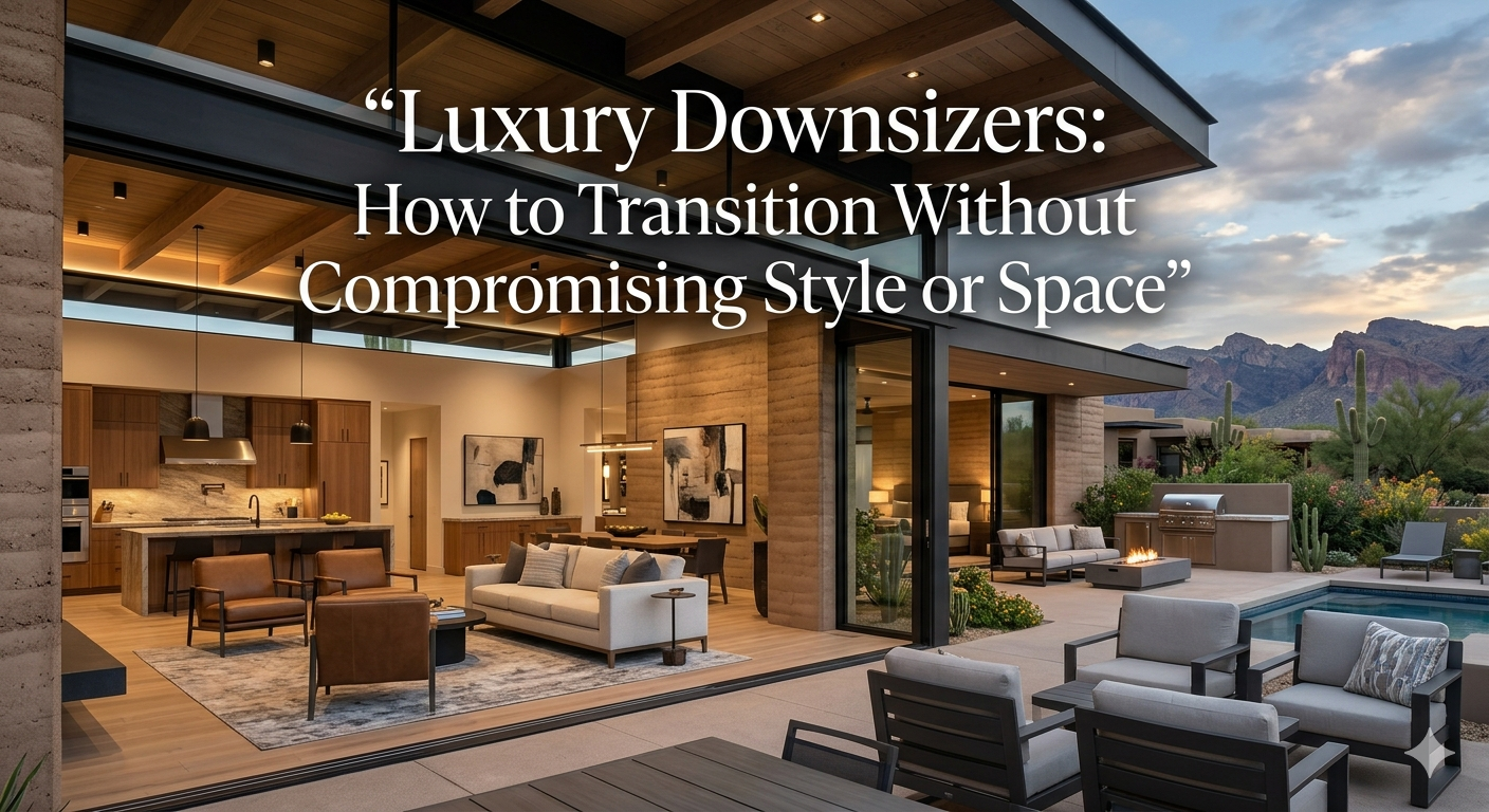 Elegant modern luxury home with sophisticated interior design, open-concept living spaces, and upscale outdoor entertaining area, representing stylish downsizing without sacrificing comfort or elegance, overlaid with the text: “Luxury Downsizers: How to Transition Without Compromising Style or Space”