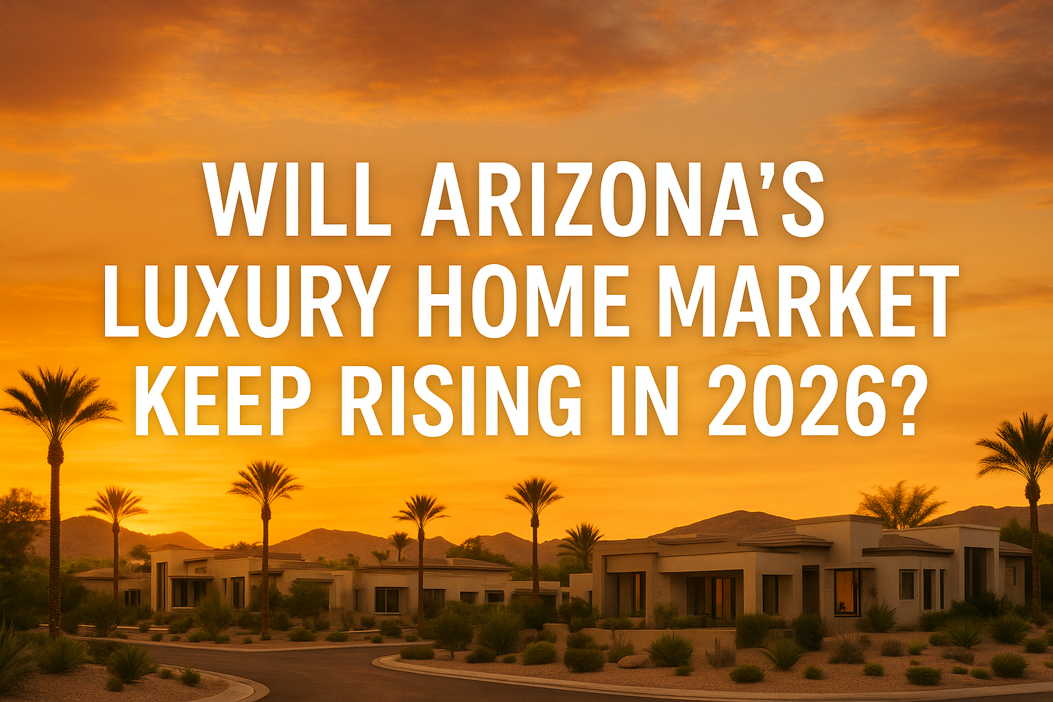 Elegant desert neighborhood at sunset featuring modern luxury homes, palm trees, and a warm golden sky, overlaid with the text ““Will Arizona’s Luxury Home Market Keep Rising in 2026?”