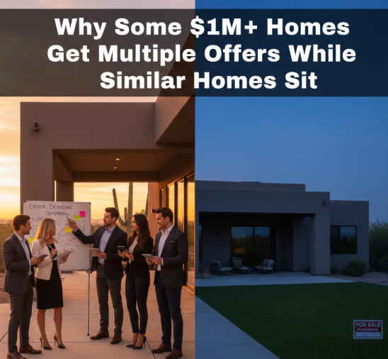 Arizona luxury home with multiple offer indicators contrasted against a quiet listing OVERLAID WITH THE TEXT: Why Some $1M+ Homes Get Multiple Offers While Similar Homes Sit