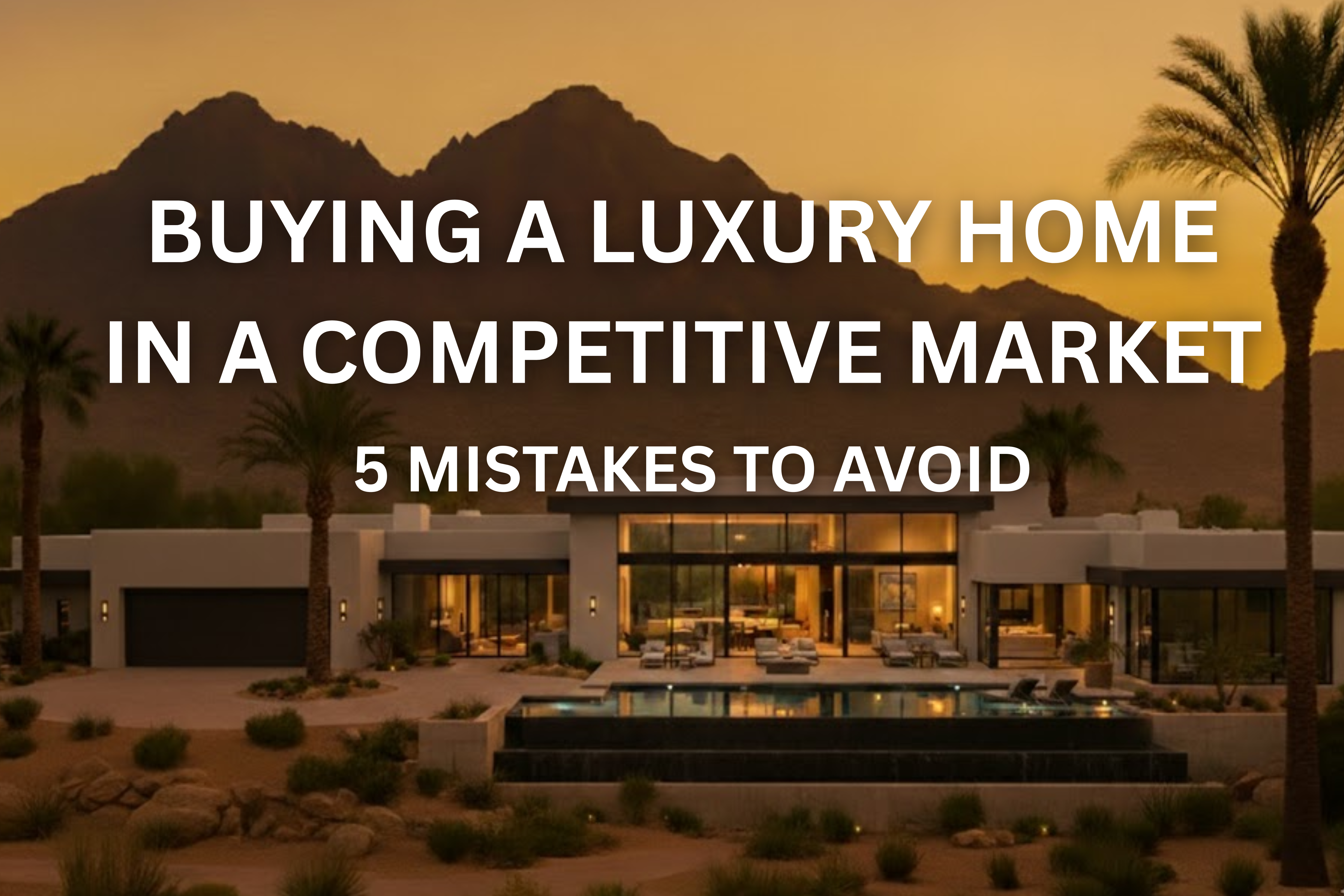 A photograph of a modern, white luxury home in the Arizona desert, featuring a large glass facade, an infinity edge pool, and an outdoor patio. The house is illuminated from within, set against a backdrop of mountains and palm trees under a dramatic orange sunset sky.