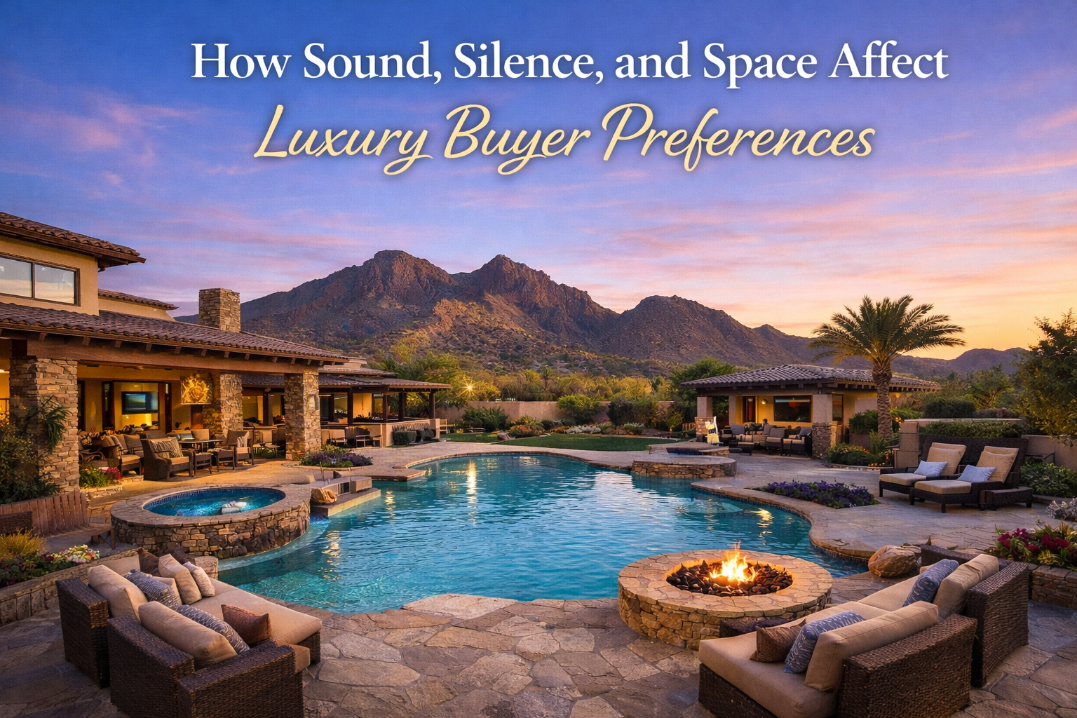 Scottsdale luxury estate with expansive open living spaces, pool, and serene desert backdrop overlaid with text: How Sound, Silence, and Space Affect Luxury Buyer Preferences