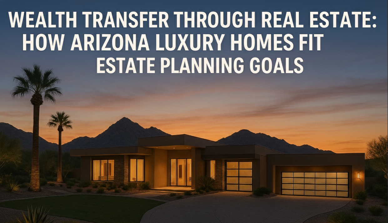 Modern luxury Arizona home with mountain views and elegant driveway at dusk overlaid with the text: Wealth Transfer Through Real Estate: How Arizona Luxury