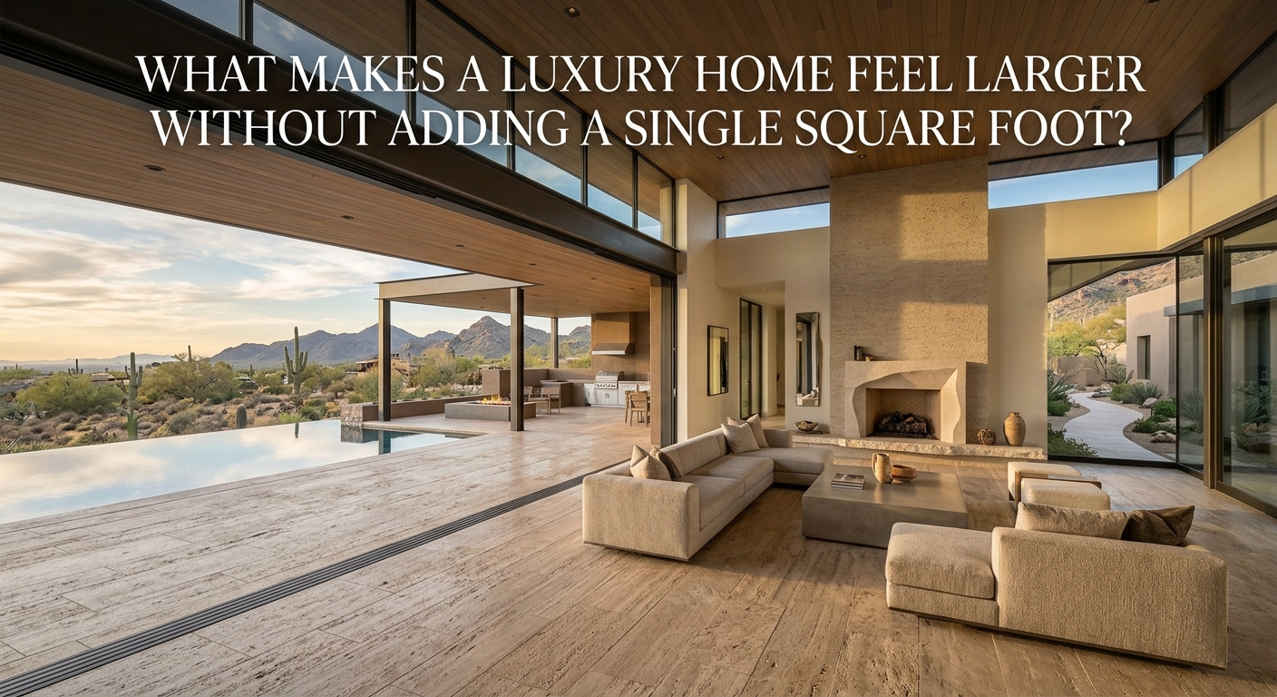 Spacious modern Arizona luxury home featuring soaring ceilings, floor-to-ceiling glass walls, seamless indoor-outdoor living, minimalist furnishings, natural stone, and expansive desert mountain views, illustrating design strategies that make a luxury home feel larger without adding square footage.overlaid with text: What Makes a Luxury Home Feel Larger Without Adding a Single Square Foot?