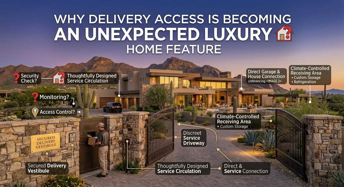 Elegant Arizona luxury estate with gated driveway, discreet delivery access, secure entry, garage connection, and thoughtfully designed service circulation overlaid with text: Why Delivery Access Is Becoming an Unexpected Luxury Home Feature