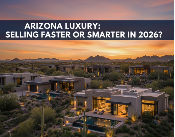 Arizona luxury homes at sunset with desert landscaping, overlaid with the text: “ARIZONA LUXURY: SELLING FASTER OR SMARTER IN 2026?”