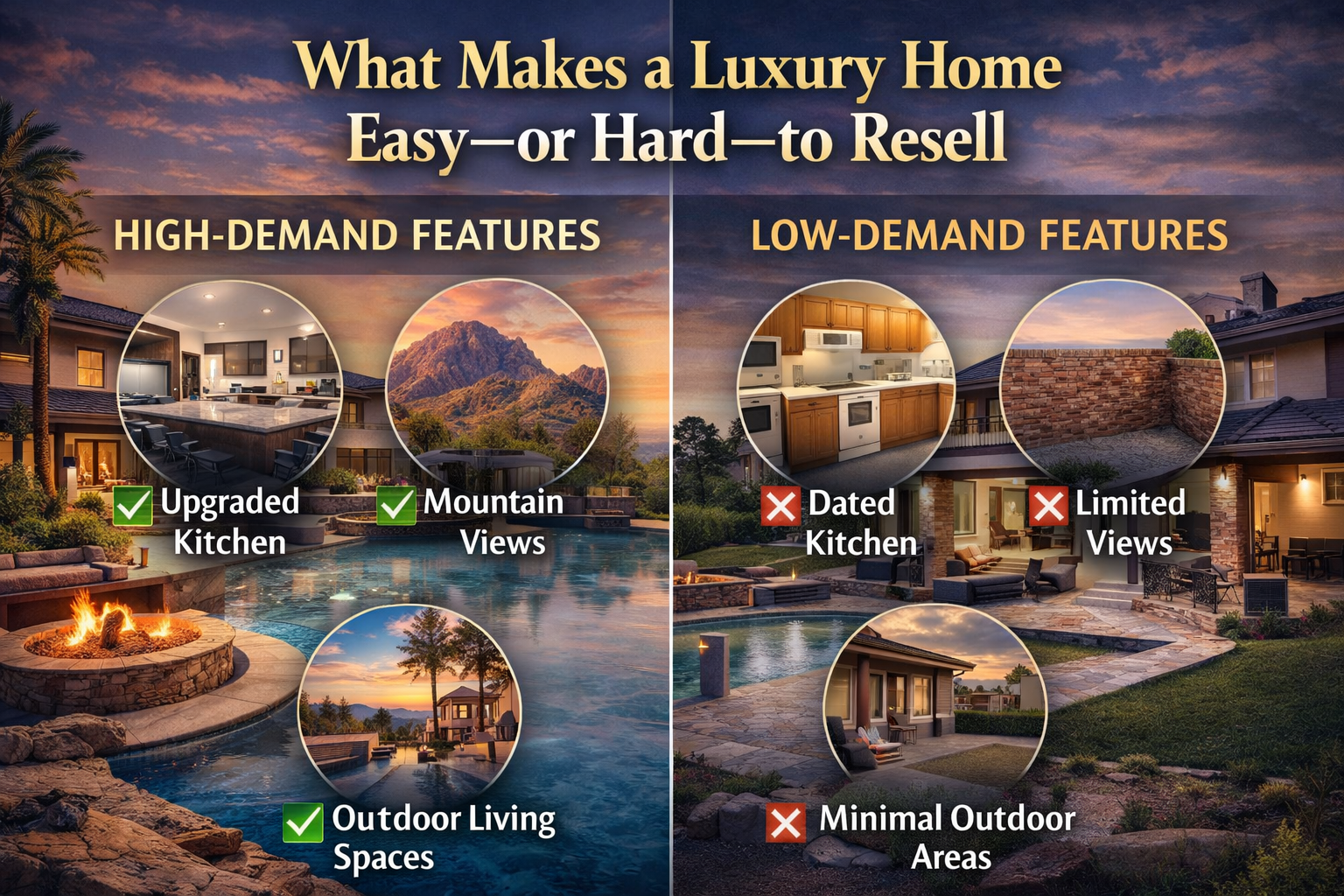 Arizona luxury home split visual showing high-demand vs low-demand resale features overlaid with the text: What Makes a Luxury Home Easy—or Hard—to Resell