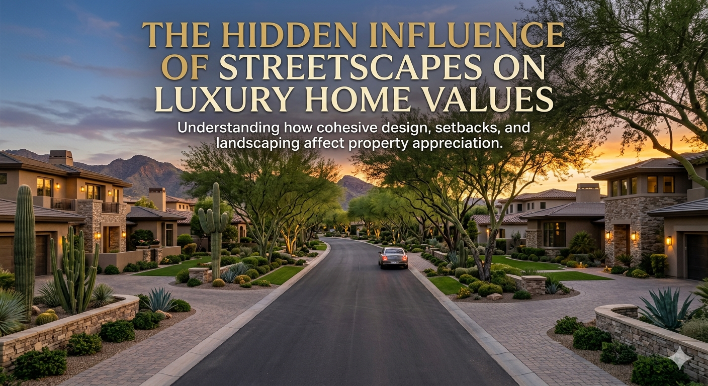 Elegant Arizona luxury neighborhood streetscape featuring wide tree-lined roads, cohesive architecture, desert landscaping, warm evening lighting, and spacious home setbacks, illustrating how streetscape design influences luxury home value, overlaid with the text: “The Hidden Influence of Streetscapes on Luxury Home Values” 