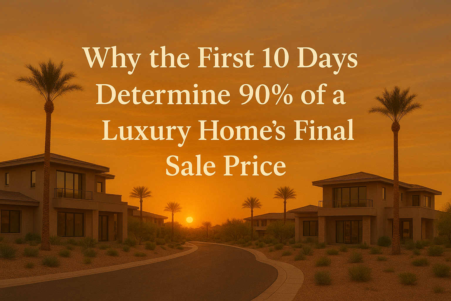  Elegant desert neighborhood at sunset featuring modern luxury homes, palm trees, and a warm golden sky, overlaid with the text:Why the First 10 Days Determine 90% of a Luxury Home’s Final Sale Price