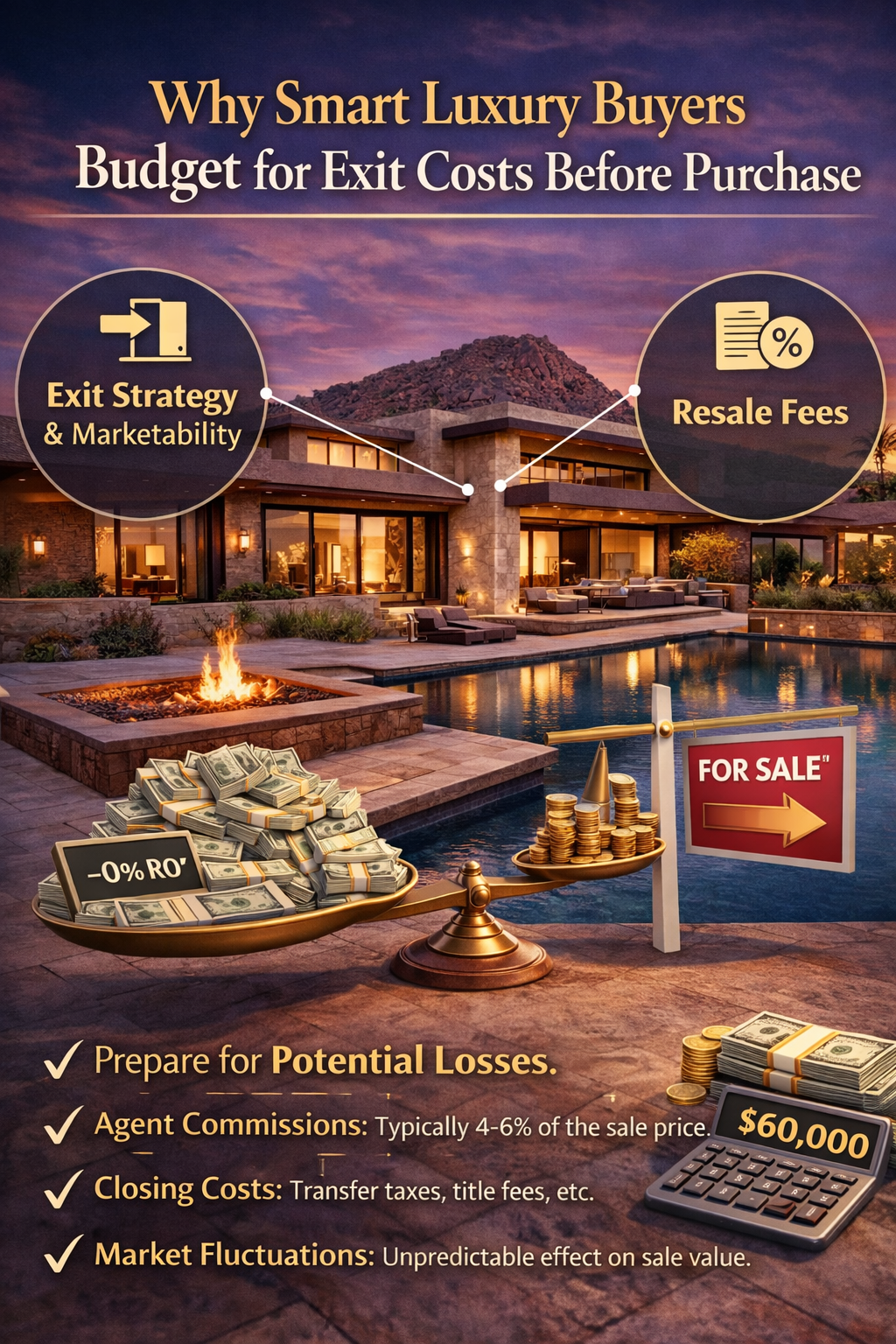 Arizona luxury home illustrating planning for exit and resale costs overlaid with Why Smart Luxury Buyers Budget for Exit Costs Before Purchase