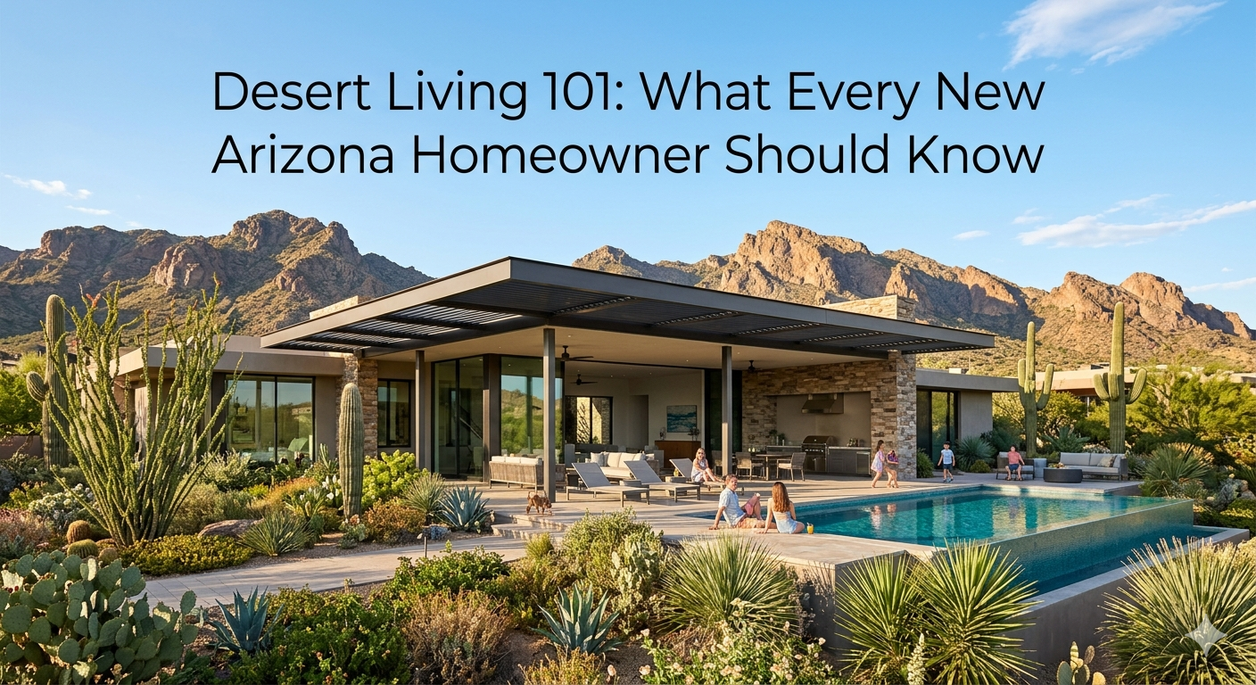 Modern Scottsdale desert home with shaded patio, pool, and native landscaping surrounded by mountains, representing Arizona desert living lifestyle, overlaid with the text: “Desert Living 101: What Every New Arizona Homeowner Should Know”