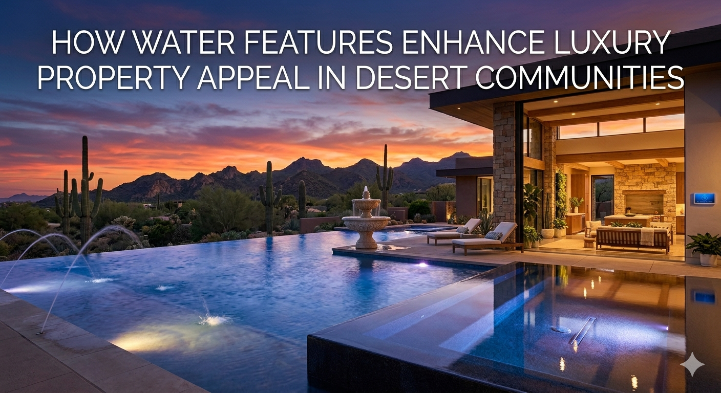 Stunning Arizona luxury estate featuring an infinity-edge pool, elegant fountain, reflecting water feature, and desert mountain backdrop at sunset, overlaid with the text: “How Water Features Enhance Luxury Property Appeal in Desert Communities”