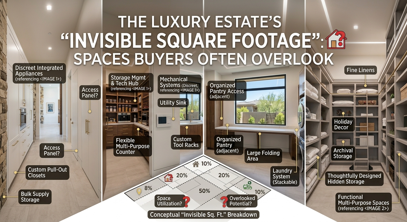 Elegant Arizona luxury estate with thoughtfully designed hidden storage, service areas, spacious hallways, and functional back-of-house spaces with overlaid text: The Luxury Estate’s “Invisible Square Footage”: Spaces Buyers Often Overlook