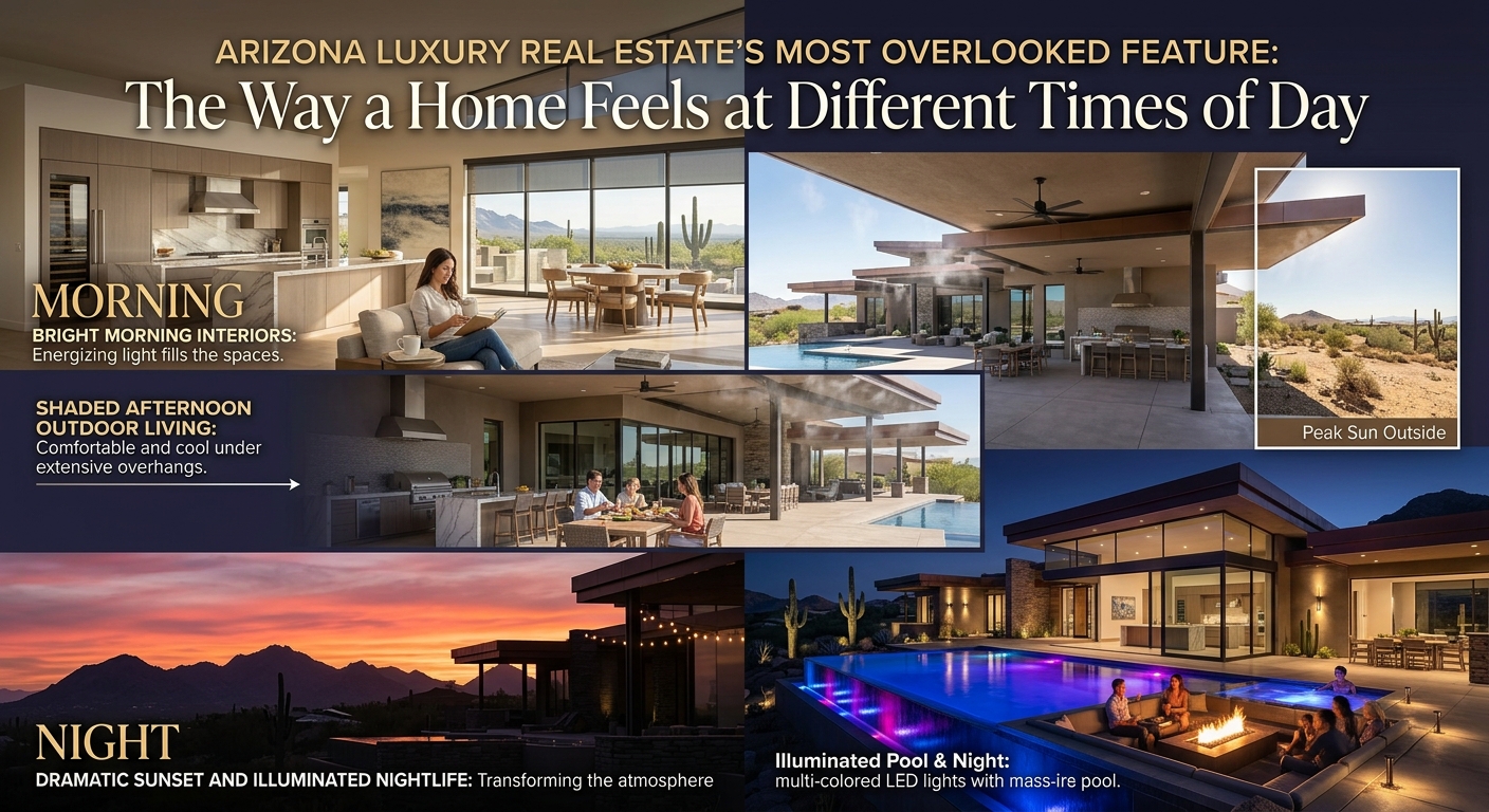 Arizona luxury home experiencing changing light throughout the day, from bright morning interiors and shaded afternoon outdoor living to a dramatic sunset over the desert and illuminated pool at night, illustrating how time of day affects luxury home livability with text: Arizona Luxury Real Estate’s Most Overlooked Feature: The Way a Home Feels at Different Times of Day 