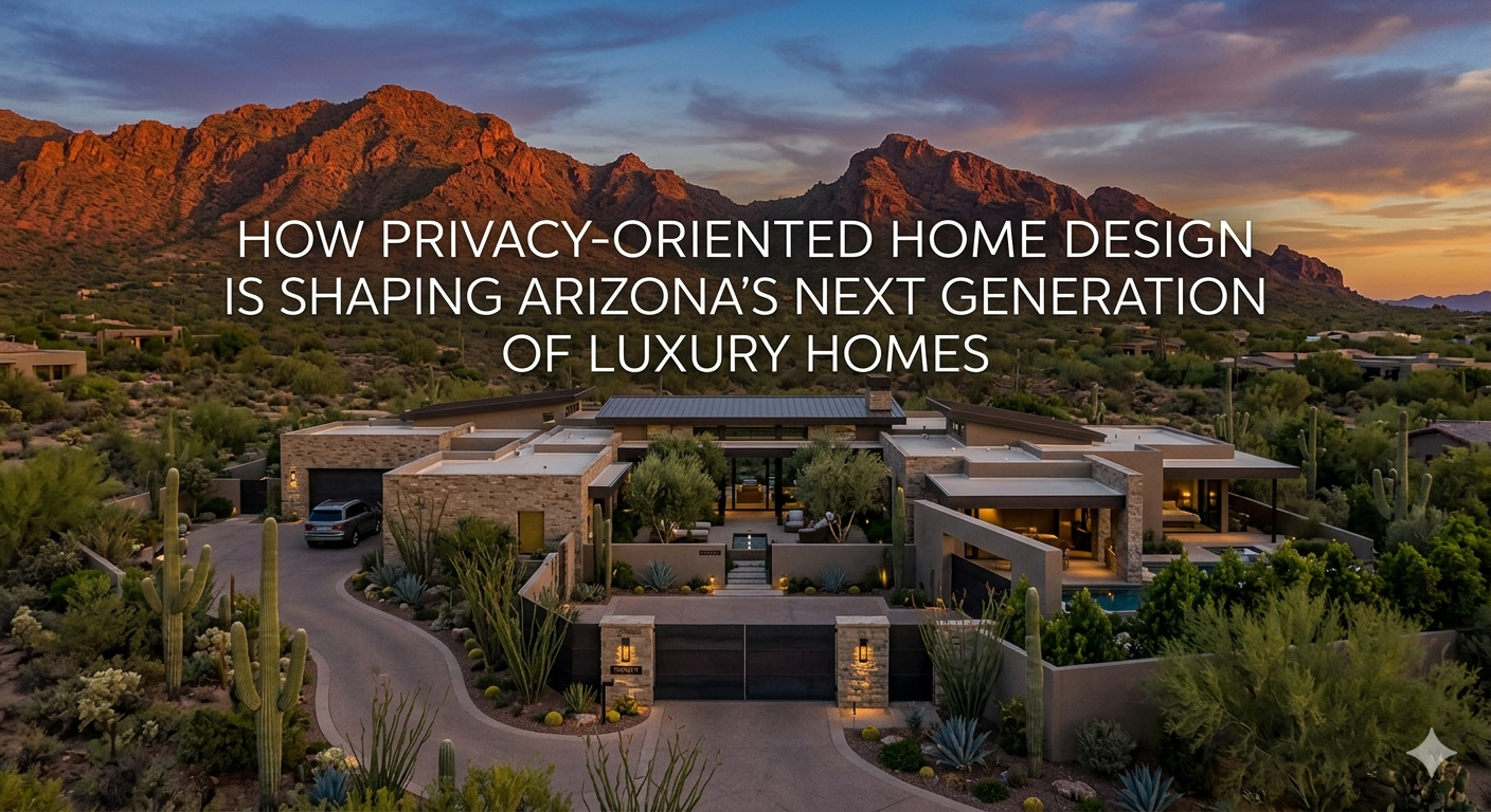 Modern Arizona luxury estate designed for privacy with gated entry, desert landscaping, courtyard-centered architecture, hidden outdoor living spaces, and mountain backdrop, symbolizing privacy-oriented home design, overlaid with the text: “How Privacy-Oriented Home Design Is Shaping Arizona’s Next Generation of Luxury Homes” 