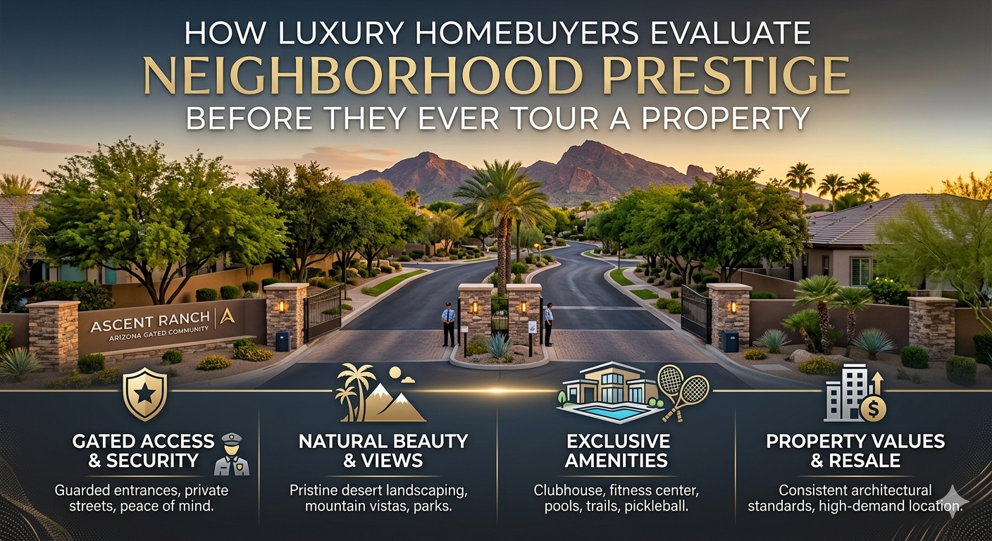 Luxury gated neighborhood in Arizona featuring custom estates, tree-lined streets, mountain views, and upscale community amenities, overlaid with the text: “How Luxury Homebuyers Evaluate Neighborhood Prestige Before They Ever Tour a Property”